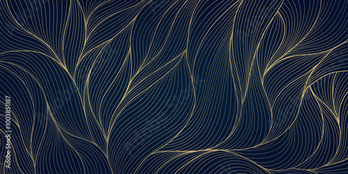 Vector art deco leaves floral pattern, line plant noueveau fancy illustration, luxury gold on blue gradient shiny wavy background. Jungle japanese print.