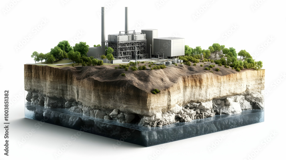 Fototapeta premium Miniature industrial plant on a cross-section terrain, blending industry with natural elements in a diorama style. Generative AI