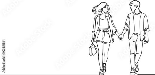 continuous single line drawing of teenage couple walking hand in hand, line art vector illustration
