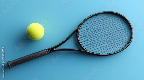 Tennis Racquet and Ball Ready for a Game on a Blue Court