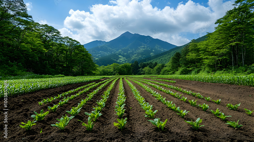 Rows of Crops Growing in a Field with a Mountain in the Background Rows of Crops Growing in a Field with a Mountain in the Background
