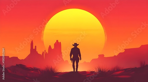 wild west, a man walking towards horizan, Silloute against huge sun, evening time, illustration