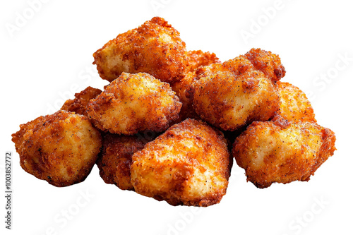 Crispy fried popcorn chicken isolated on a transparent background, PNG file, golden-brown pieces perfectly seasoned with a crunchy coating, scattered evenly across the surface photo