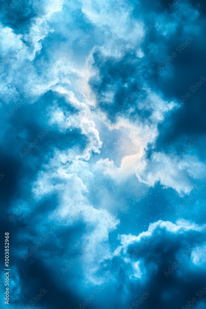 A blue sky filled with clouds The middle holds a bright sun, surrounded by stars scattered among the clouds A blue sky filled with clouds The middle holds a bright sun, surrounded by stars scattered among the clouds