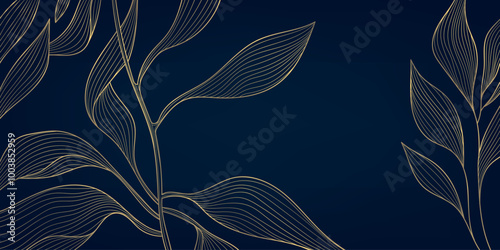 Vector art deco leaves floral pattern, line plant noueveau fancy illustration, luxury gold on blue gradient shiny wavy background. Jungle japanese print.