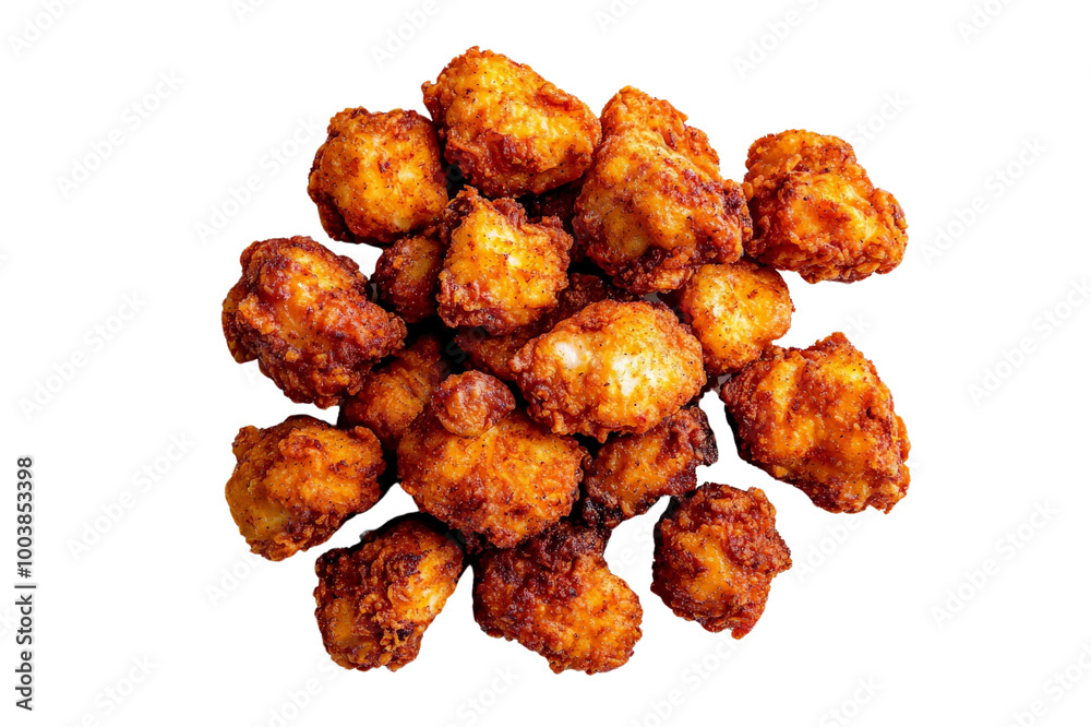 Crispy fried popcorn chicken isolated on a transparent background, PNG file, golden-brown pieces perfectly seasoned with a crunchy coating, scattered evenly across the surface Crispy fried popcorn chicken isolated on a transparent background, PNG file, golden-brown pieces perfectly seasoned with a crunchy coating, scattered evenly across the surface