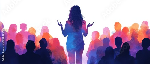 A woman giving a TED talk in front of an engaged audience, symbolizing empowerment through the sharing of knowledge