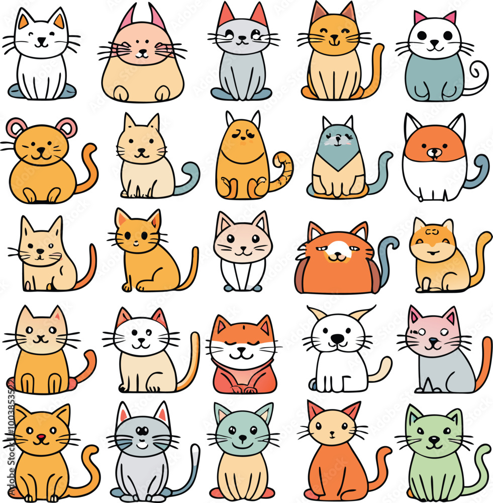 Fototapeta premium 25 icon set of funny hand drawn cats, animals vector illustration with adorable kittens isolated on white or transparent background.