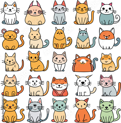 25 icon set of funny hand drawn cats, animals vector illustration with adorable kittens isolated on white or transparent background.