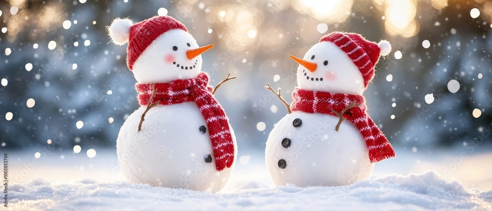 Fototapeta premium Two snowmen, each adorned with a red scarf and a red-and-white knitted hat atop their heads, stand in the snow