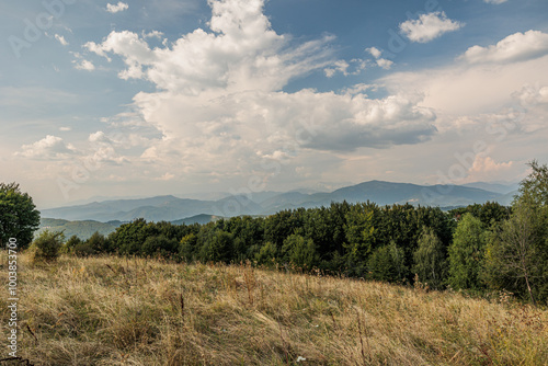 ampia vista panoramica su parte del bellissimo territorio naturale tra la collina e la montagna, sul confine tra Italia e Slovenia, di pomeriggio, in estate, con un cielo nuvoloso photo