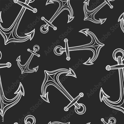 Seamless vector pattern with sea marine anchors. Simple doodle style. Grid	