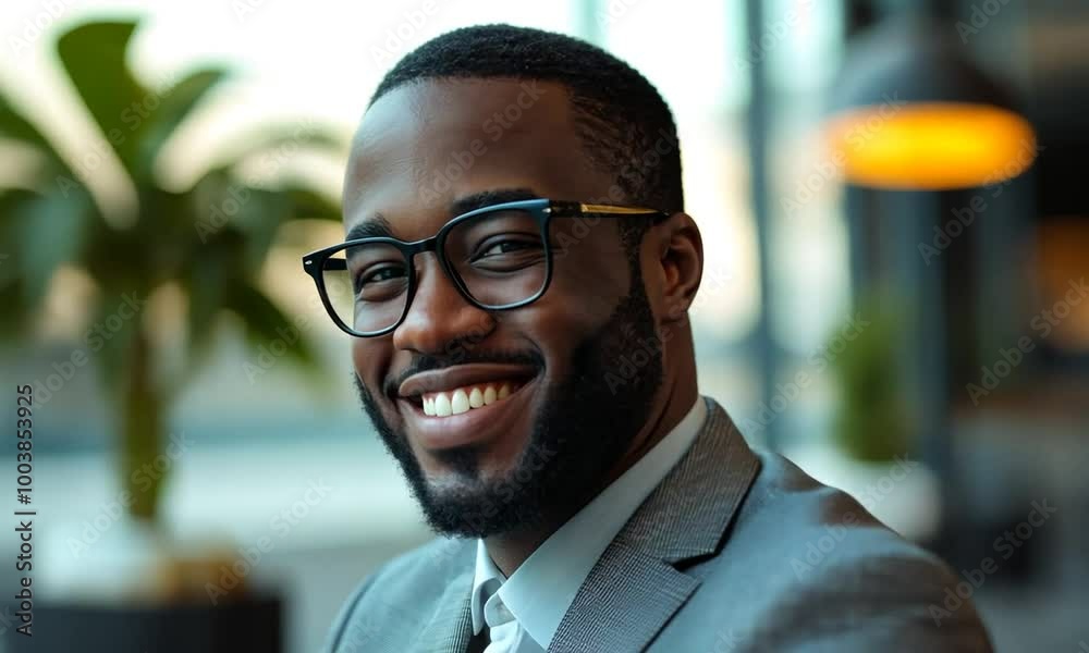 A happy business professional smiling as they work on a tablet in a contemporary office setting. A happy business professional smiling as they work on a tablet in a contemporary office setting.