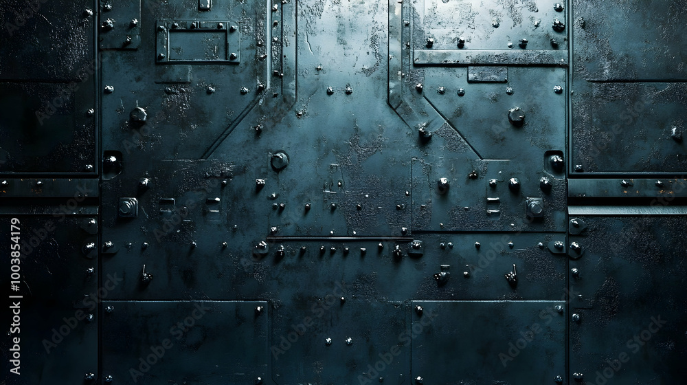Close-Up Of An Industrial Metal Surface With Bolts And Textured Panels, Showing A Detailed, Grungy Mechanized Design. Generative AI Close-Up Of An Industrial Metal Surface With Bolts And Textured Panels, Showing A Detailed, Grungy Mechanized Design. Generative AI