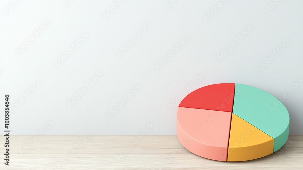Fototapeta premium A colorful pie chart on a wooden surface, representing data visualization in a minimalist style.