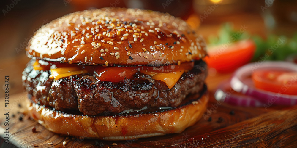 A burger with cheese and tomato on top of a wooden cutting board A burger with cheese and tomato on top of a wooden cutting board