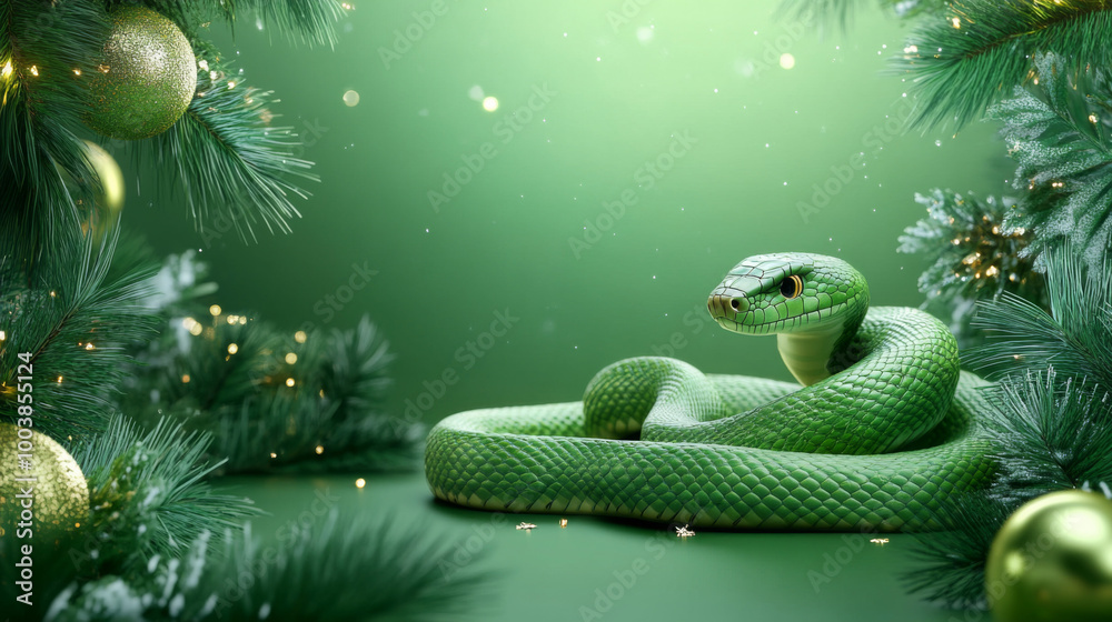 Fototapeta premium A green snake resting among festive holiday decorations in a cozy winter setting