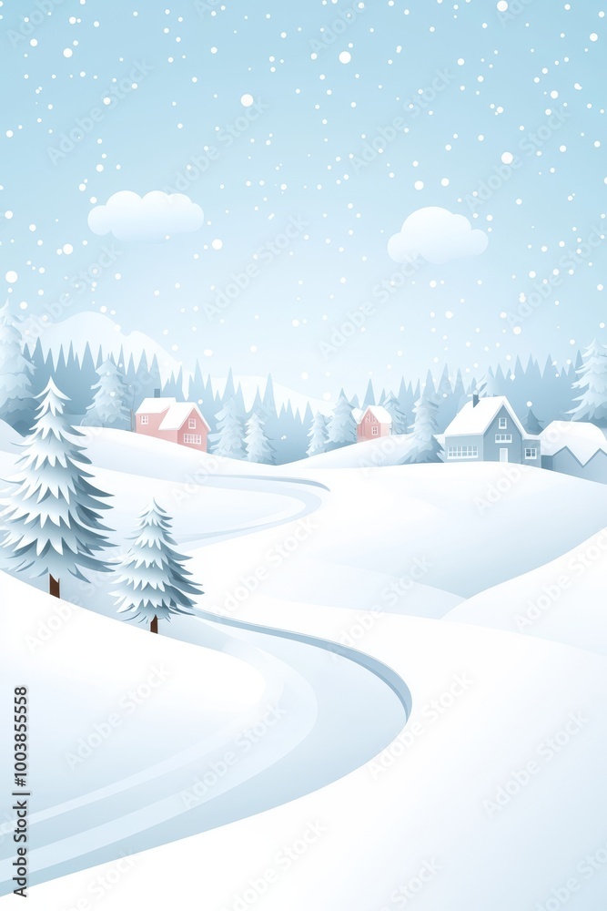 Fototapeta premium A snow-covered landscape featuring houses and trees in the foreground, contrasted against a backdrop of a blue sky adorned with white clouds and gentle snowflakes