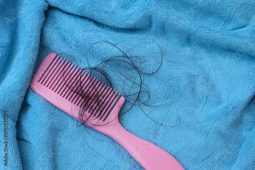 A photo of a pink comb placed on a blue towel. The comb used to detangle or style hair, few strands of black hair attached comb photo