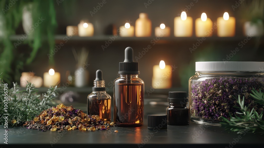 A serene arrangement of essential oils, herbs, and candles evokes a calming and natural wellness atmosphere. A serene arrangement of essential oils, herbs, and candles evokes a calming and natural wellness atmosphere.