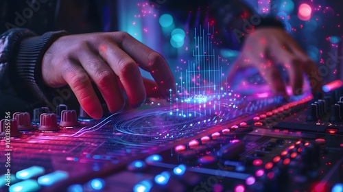 Musician Composing with Holographic Sound Mixer Visualizing Waveforms