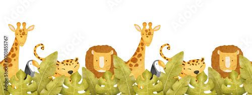 Photography Jungle animals like leopard, lion, giraffe, toucan and tropical leaves