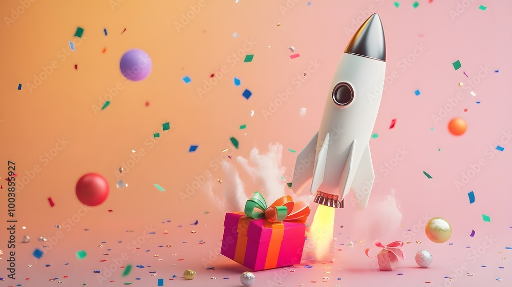 Space rocket launch. Opened gift box with confetti. 3d render. Space rocket launch. Opened gift box with confetti. 3d render.