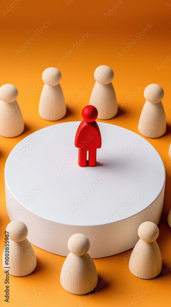 Obraz premium A man stands in front of a group of people, with a red figure in the center