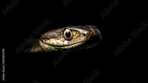 Close-up of a snake with detailed scales and piercing eyes. A striking close-up of a golden snake's head, showing its detailed scales, sharp eyes, and intense focus against a dark background