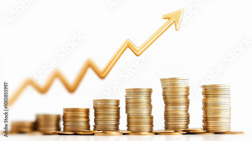 A stack of gold coins is shown with a line going up, representing a rising trend