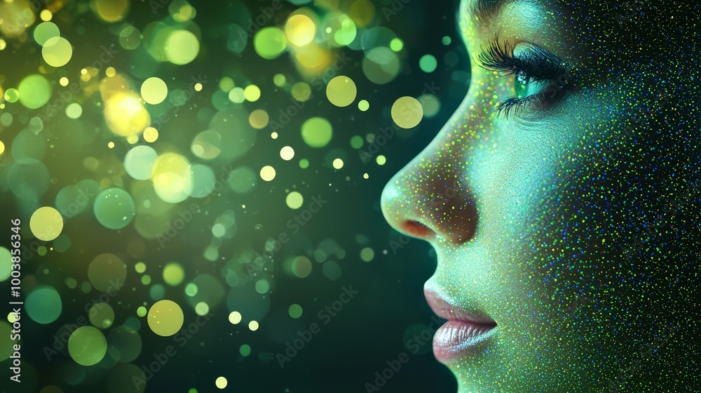 A tight shot of a woman's face adorned with green and yellow glitter, background softly blurred A tight shot of a woman's face adorned with green and yellow glitter, background softly blurred