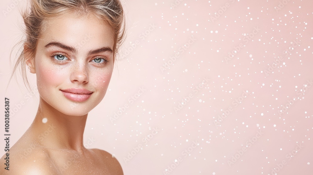 Naklejka premium Close-up of a woman's face with snowflakes grazing her cheeks against a pink backdrop