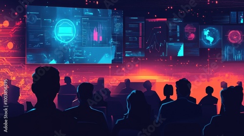 Futuristic Gaming Arena with Silhouetted Audience