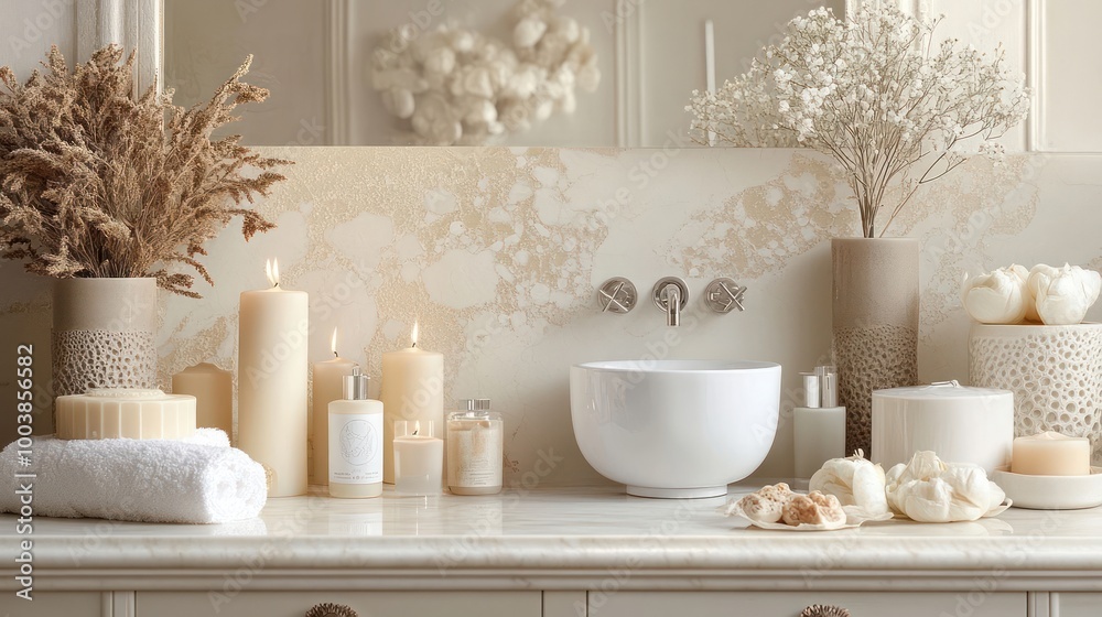 A luxurious bathroom with a white ceramic sink, candles, and flowers. A luxurious bathroom with a white ceramic sink, candles, and flowers.