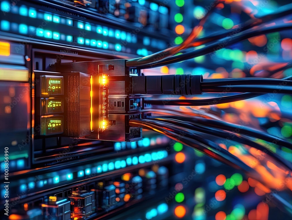 Naklejka premium Dynamic Server Room Poster: A Stunning Visual of Blinking LEDs and a Luminous Device, Perfect for Tech Enthusiasts and Modern Interior Decor!