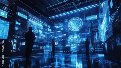 Futuristic Digital Command Center with Holographic Displays