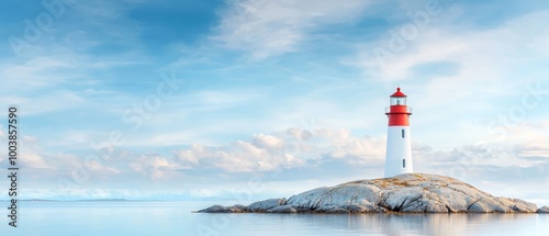  A red-and-white lighthouse sits atop a rock in the center of a vast body of water