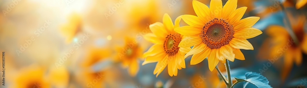 Bright Sunflowers in Bloom Under Warm Sunlight in a Vibrant Field Capturing the Essence of Summer and Nature's Beauty Bright Sunflowers in Bloom Under Warm Sunlight in a Vibrant Field Capturing the Essence of Summer and Nature's Beauty