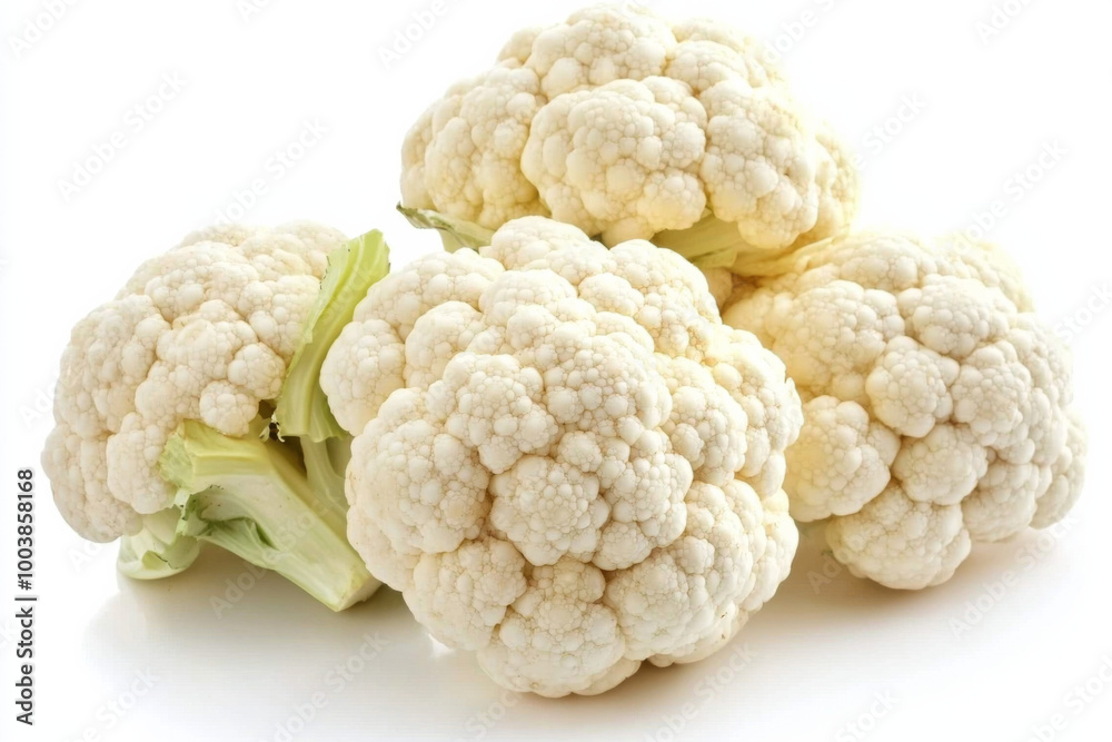 Fresh cauliflower florets arranged on a white background for healthy cooking options Fresh cauliflower florets arranged on a white background for healthy cooking options