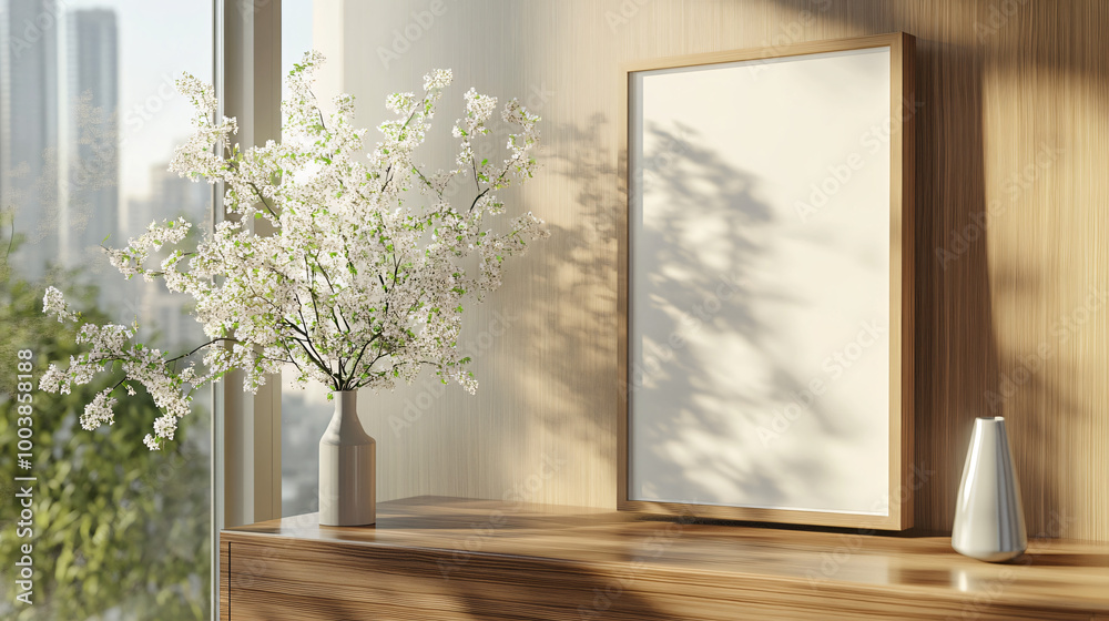 Mock-up frame placed on a sleek wooden console in a luxury penthouse, 3D render.