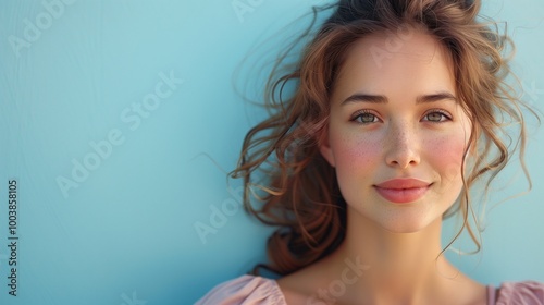 Young woman with wavy hair posing against light blue background