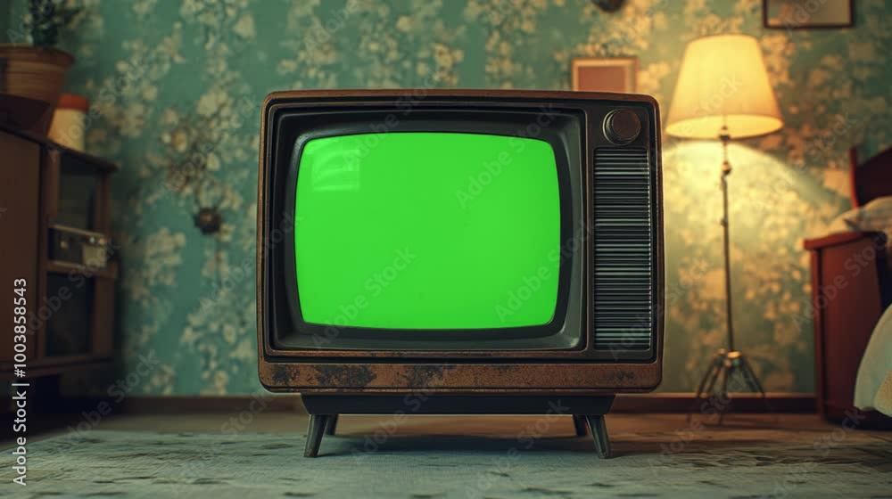 Old TV turning on with green screen for video masking