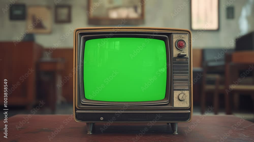 Old TV turning on with green screen for video masking