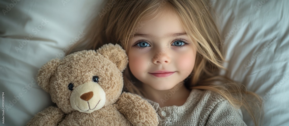 A young girl with blue eyes lies in bed with a teddy bear. A young girl with blue eyes lies in bed with a teddy bear.