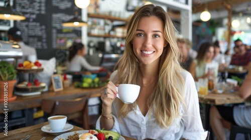 A woman in a white shirt with a mug at a table in a cafe