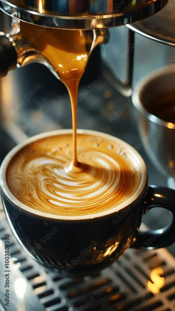 Barista pouring steamed milk into espresso creates a beautiful swirling pattern in a dark ceramic cup