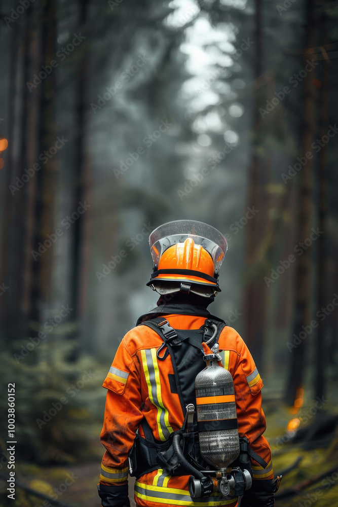 A firefighter in an orange jacket and helmet stands in a forest A firefighter in an orange jacket and helmet stands in a forest