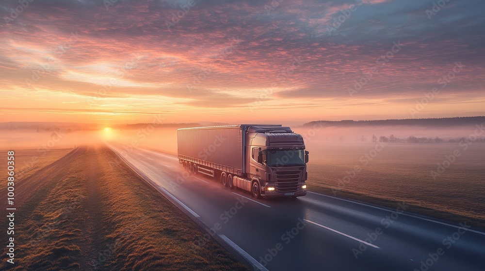 Stunning Sunrise Over Highway with a Modern Truck Driving Through Scenic Countryside Landscape Stunning Sunrise Over Highway with a Modern Truck Driving Through Scenic Countryside Landscape