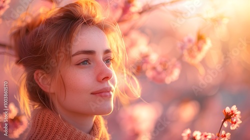 Young woman among cherry blossoms at sunset