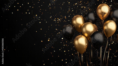 A black and gold balloon display with gold and black balloons